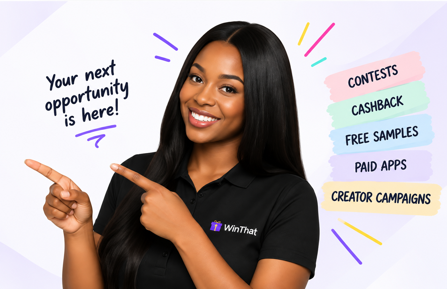 WinThat team member pointing to the site's five opportunity categories: contests, cashback, free samples, paid apps, and creator campaigns
